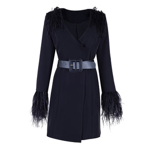 Long Sleeve V-Neck Feather Slim Style Women Coats