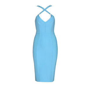 Sky Blue Cross Spaghetti Strap V-Neck Knee Length Dress