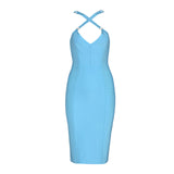 Sky Blue Cross Spaghetti Strap V-Neck Knee Length Dress