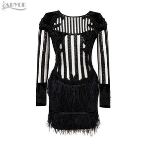 Beading Sequin Feather O-Neck Mesh Long Sleeve Runway Dress