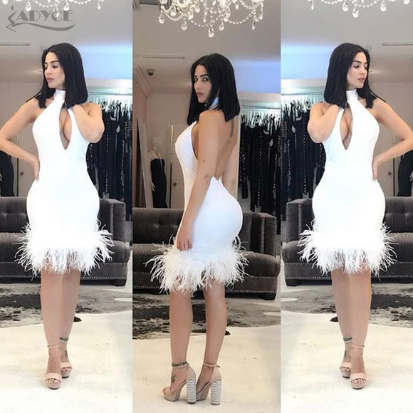 Feather Embellished Sleeveless Backless Hollow Out Patchwork Dress