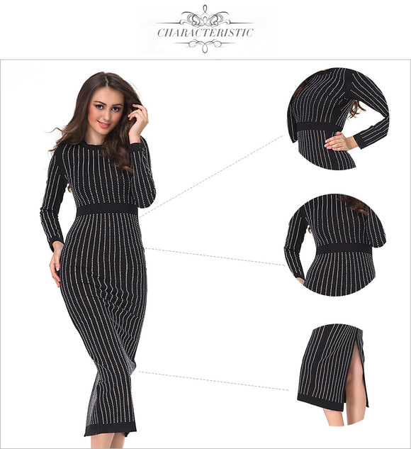 Black Long Sleeve Beading Midi Dress